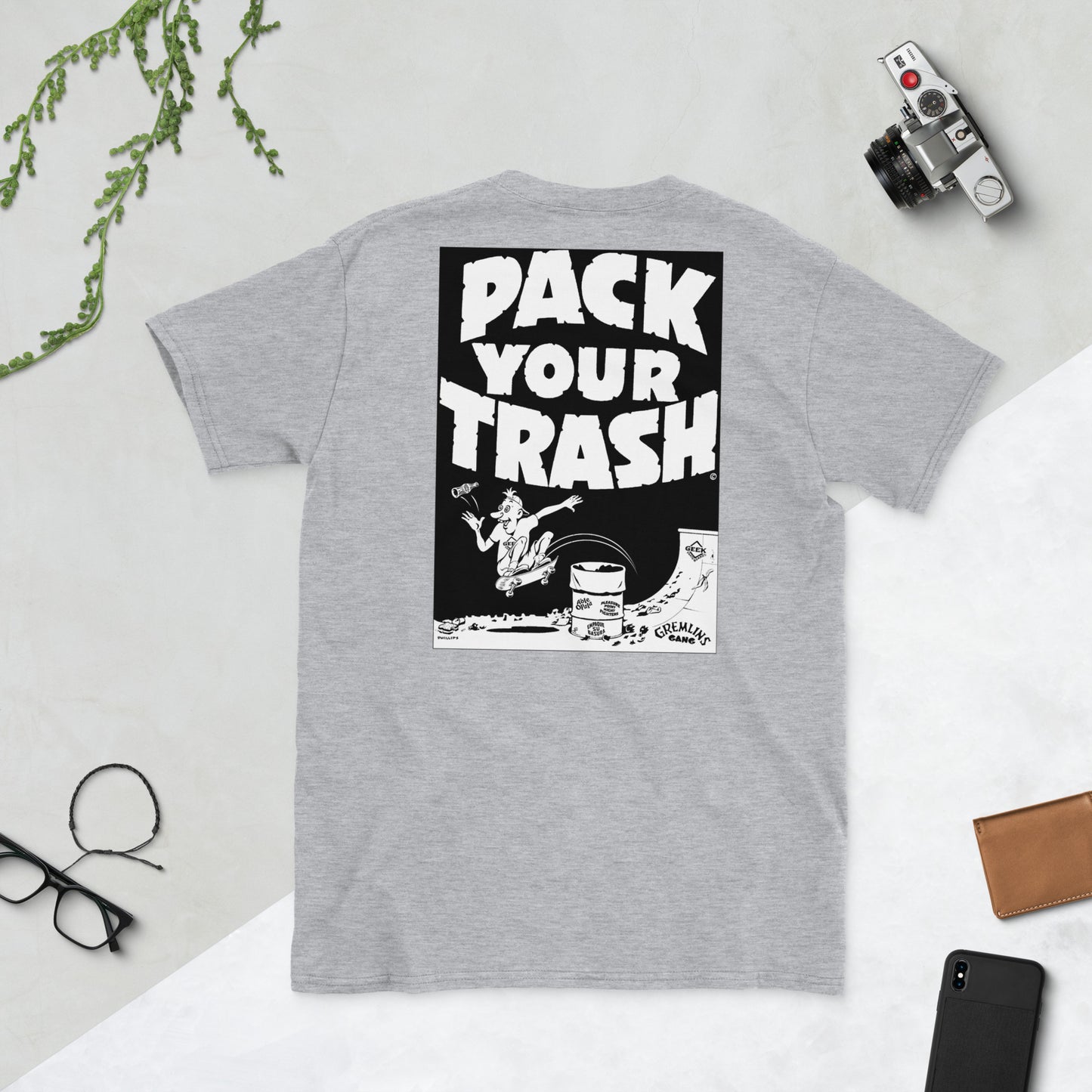 Pack Your Trash - Skater Geek - Dark print on light shirt - Short-Sleeve Unisex T-Shirt