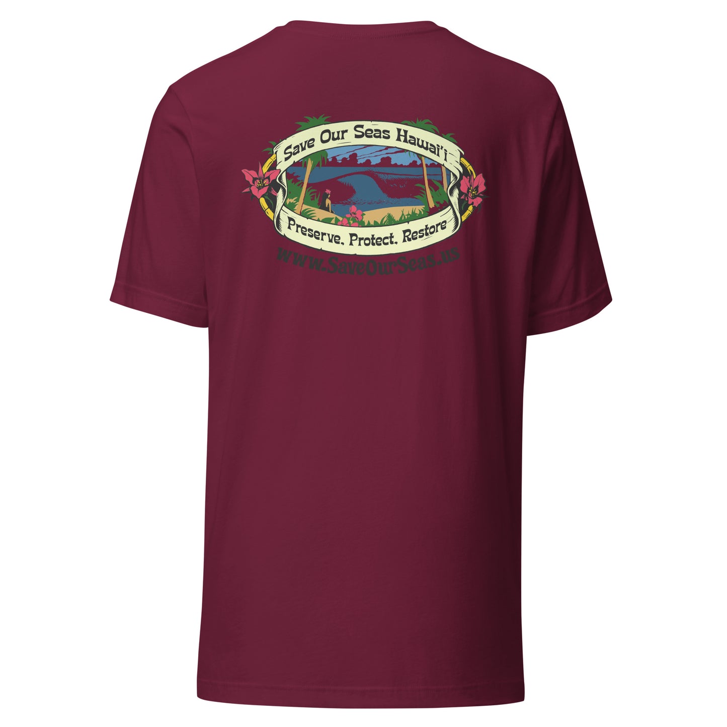 Save Our Seas Hawaii - SOS WAVES front - Wahine Back -Unisex t-shirt