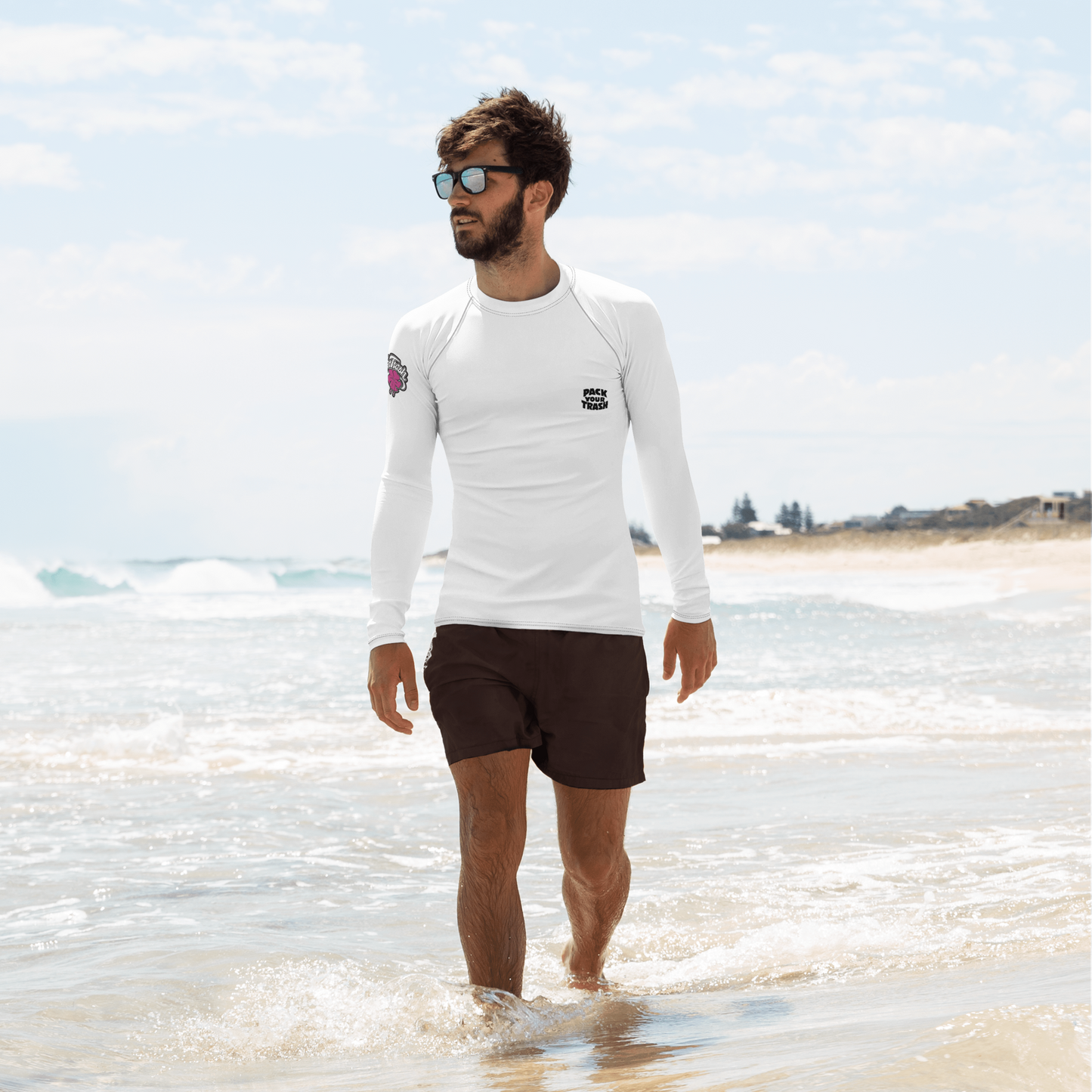 PPNF Custom - Pack Your Trash © front, PPNF Back, PYT Hibiscus Sleeve- Men's Rash Guard